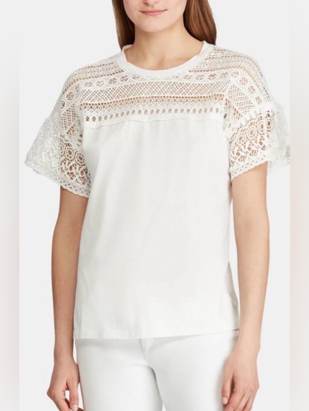⭐️Lauren Ralph Lauren White Lace Yoke Short Sleeve Tee